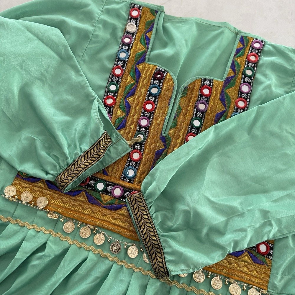 Women's Ethnic Dress Green Mirror And Coin Embellishment Embroidered Bodice